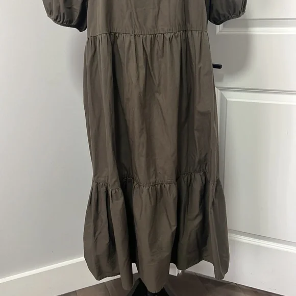 H&M Dark Khaki Green Puff Sleeve Tier MIDI Dress size Medium - Picture 3 of 6